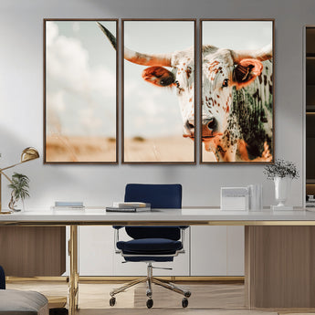 72766375-MGV-CV-36X24-Texas Longhorn Wall Art Canvas Print, Framed Spotted Cow Art Picture Print, Horned Cattle Perfect Rustic Western Decor Artwork