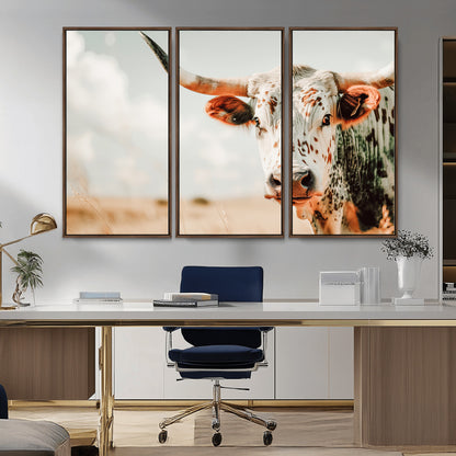 72766375-MGV-CV-36X24-Texas Longhorn Wall Art Canvas Print, Framed Spotted Cow Art Picture Print, Horned Cattle Perfect Rustic Western Decor Artwork