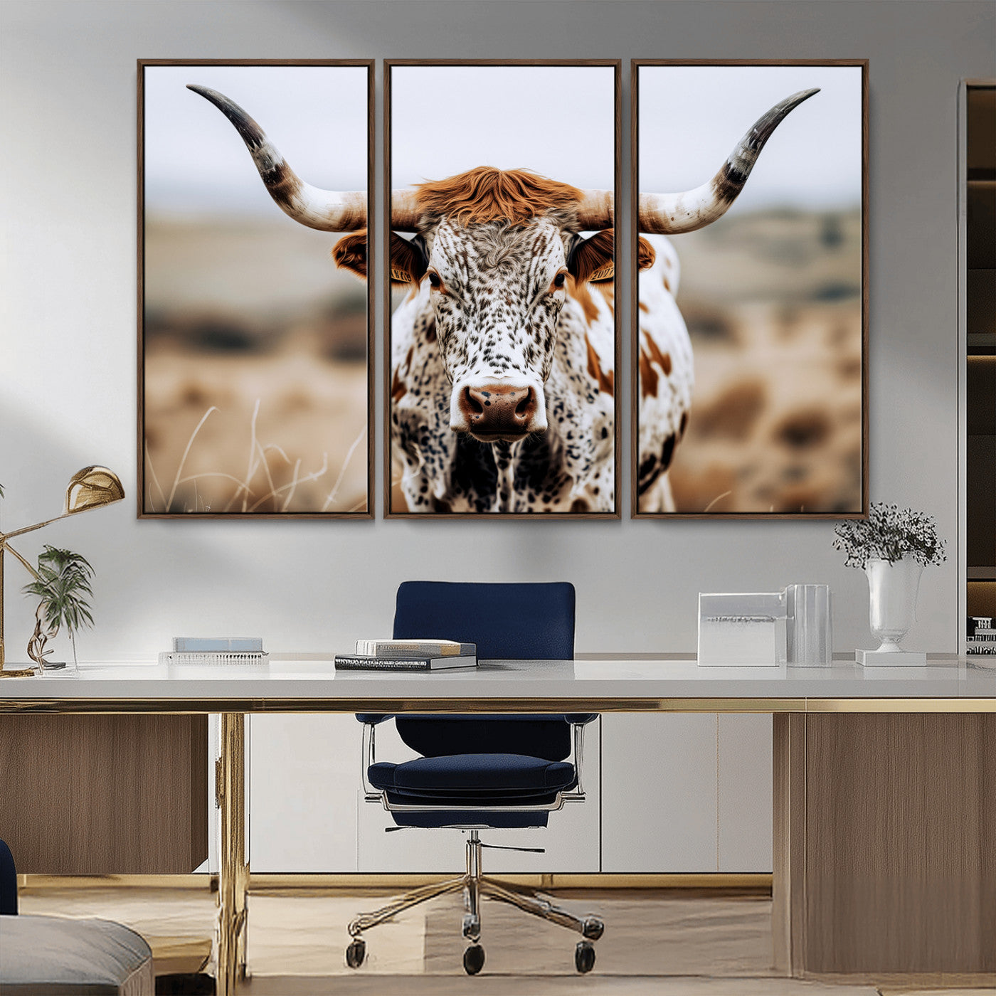 76294381-MGV-CV-36X24-Texas Longhorn Wall Art Canvas Print, Framed Spotted Cow Art Picture Print, Horned Cattle Perfect Rustic Western Decor Artwork