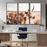 11528295-MGV-FC-48X32-3P_Walnut-Speckled Longhorn Wall Art Canvas Print, Framed Texas Cattle Art Picture Print, Horned Cow Perfect Rustic Western Decor Artwork