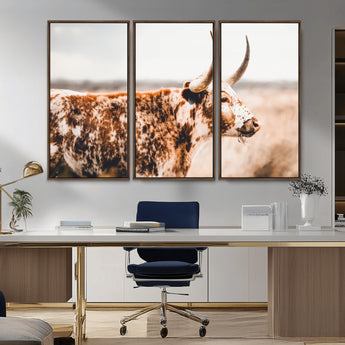 11528295-MGV-FC-48X32-3P_Walnut-Speckled Longhorn Wall Art Canvas Print, Framed Texas Cattle Art Picture Print, Horned Cow Perfect Rustic Western Decor Artwork