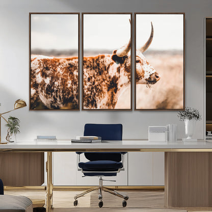 11528295-MGV-FC-48X32-3P_Walnut-Speckled Longhorn Wall Art Canvas Print, Framed Texas Cattle Art Picture Print, Horned Cow Perfect Rustic Western Decor Artwork