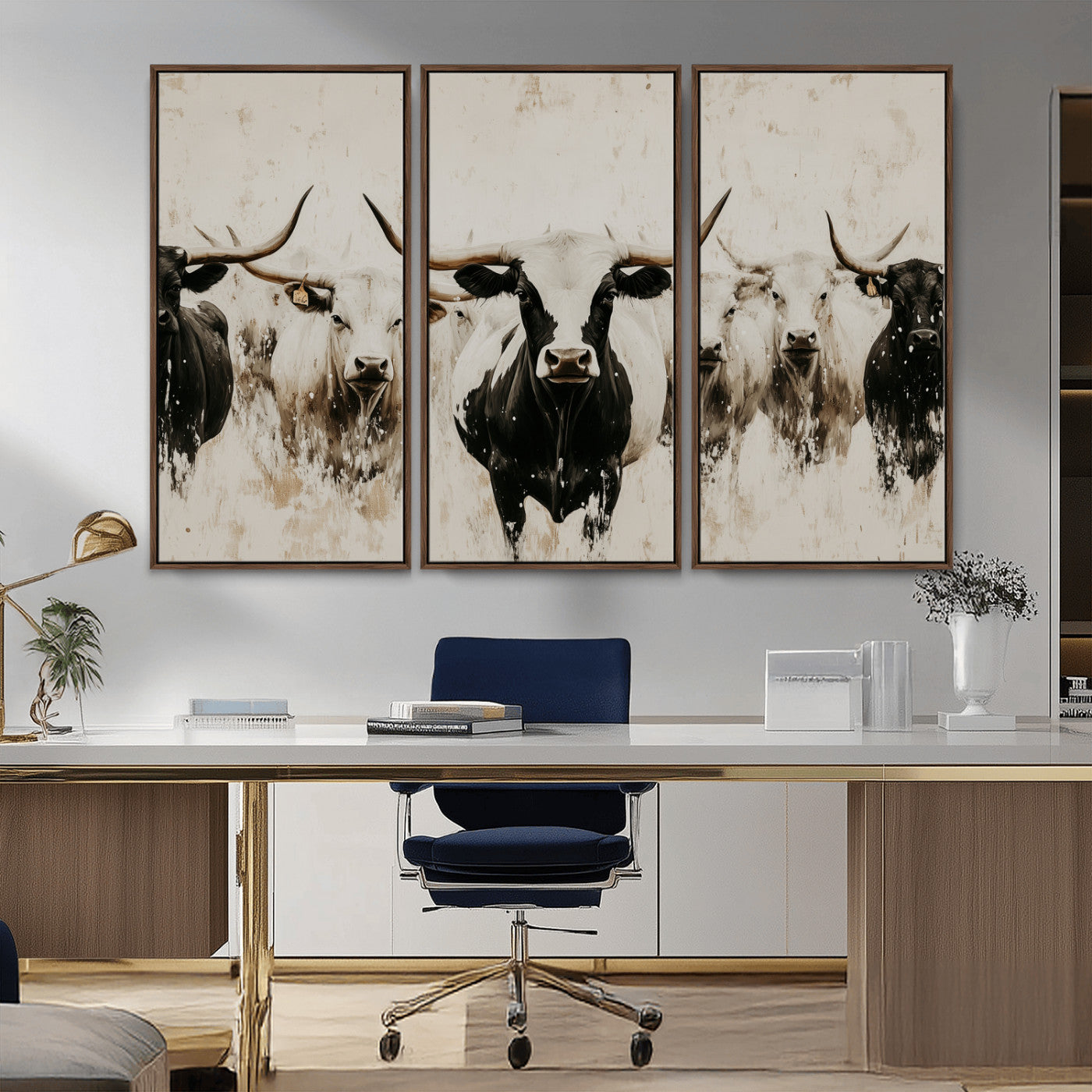 12027562-MGV-CV-36X24-Longhorn Cattle Wall Art Canvas Print, Framed Bison Herd Art Picture Print, Cattle Group Perfect Rustic Farmhouse Decor Artwork