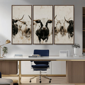 12027562-MGV-CV-36X24-Longhorn Cattle Wall Art Canvas Print, Framed Bison Herd Art Picture Print, Cattle Group Perfect Rustic Farmhouse Decor Artwork