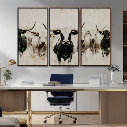 12027562-MGV-CV-36X24-Longhorn Cattle Wall Art Canvas Print, Framed Bison Herd Art Picture Print, Cattle Group Perfect Rustic Farmhouse Decor Artwork