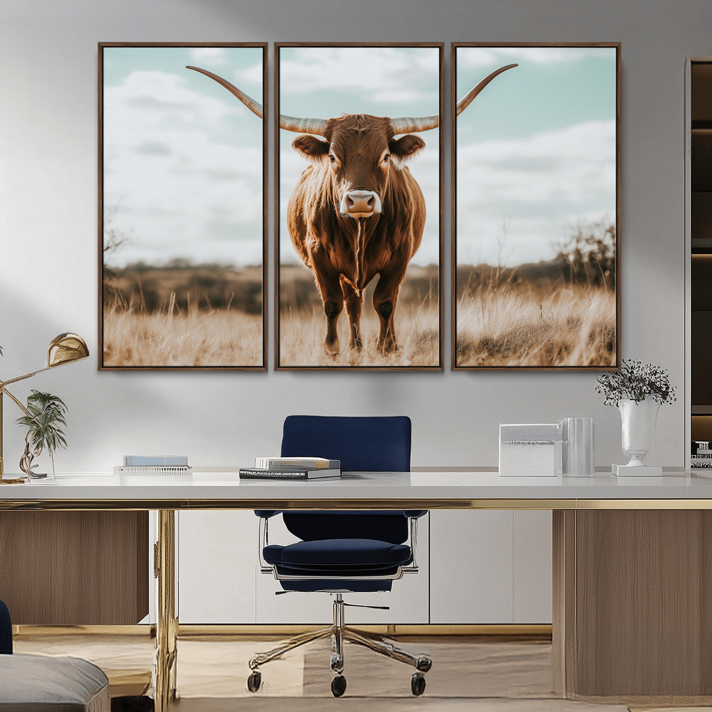 39350715-MGV-FC-48X32-3P_Walnut-Texas Longhorn Wall Art Canvas Print, Framed Longhorn Cow Art Picture Print, Western Cattle Perfect Rustic Western Decor Artwork