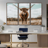 39350715-MGV-FC-48X32-3P_Walnut-Texas Longhorn Wall Art Canvas Print, Framed Longhorn Cow Art Picture Print, Western Cattle Perfect Rustic Western Decor Artwork