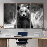 MGV-FC-48X32-3P - Grizzly Bear Wall Art Canvas Print, Framed Black White Bear Art Picture Print, Wild Bear Perfect Rustic Wildlife Decor Artwork
