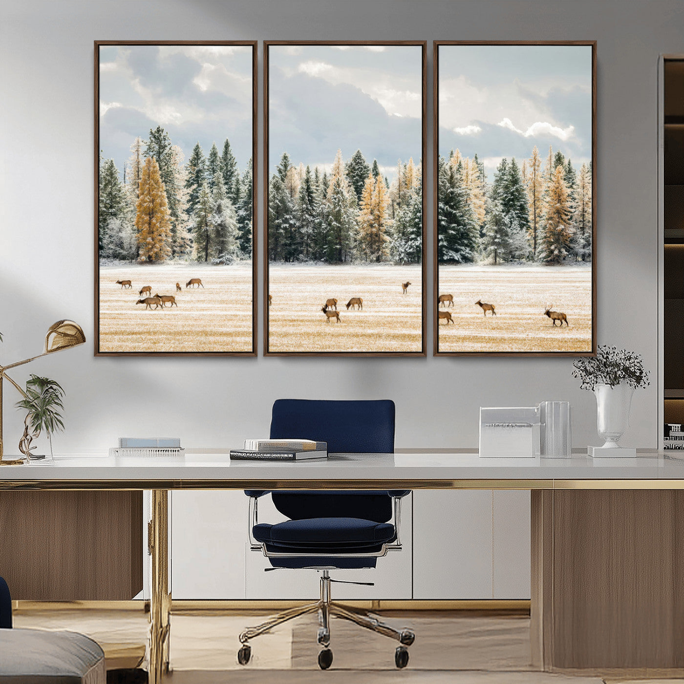 64188182-MGV-FC-48X32-3P_Walnut-Elk Herd Wall Art Canvas Print, Framed Snowy Forest Art Picture Print, Forest Elks Perfect Neutral Rustic Decor Artwork