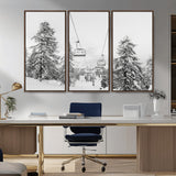 55003599-MGV-FC-48X32-3P_Walnut-Snowy Ski Lift Wall Art Canvas Print, Framed Winter Forest Art Picture Print, Ski lift Ride Perfect Winter Lodge Decor Artwork