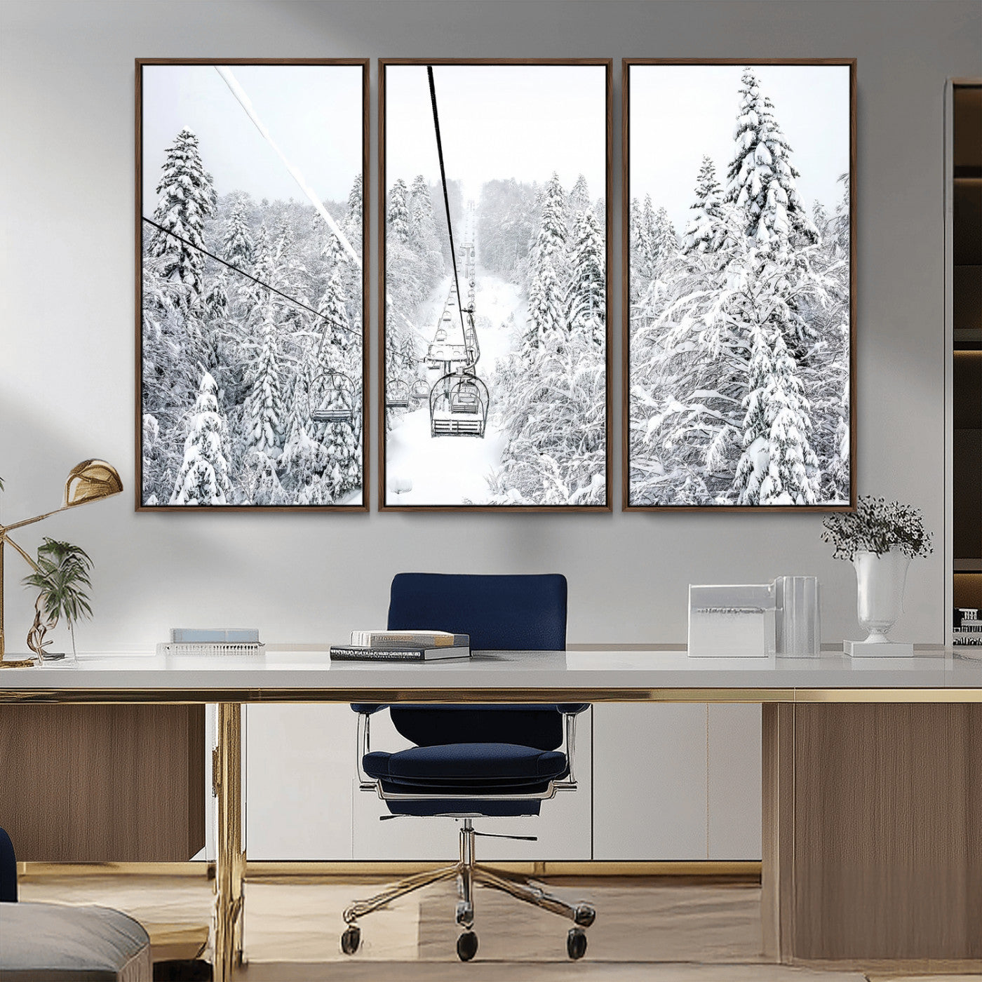 60296839-MGV-CV-36X24-Snowy Mountains Wall Art Canvas Print, Framed Ski Lift Art Picture Print, Winter Forest Perfect Winter Minimalist Decor Artwork