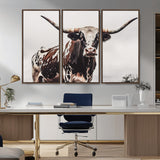 95249234-MGV-CV-36X24-Texas Longhorn Wall Art Canvas Print, Framed Spotted Bull Art Picture Print, Horned Cattle Perfect Rustic Farmhouse Decor Artwork