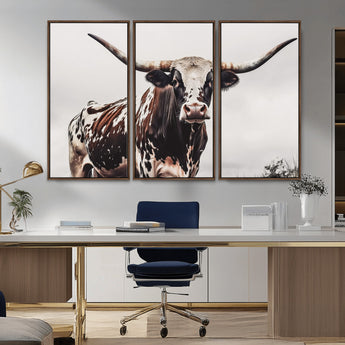95249234-MGV-CV-36X24-Texas Longhorn Wall Art Canvas Print, Framed Spotted Bull Art Picture Print, Horned Cattle Perfect Rustic Farmhouse Decor Artwork
