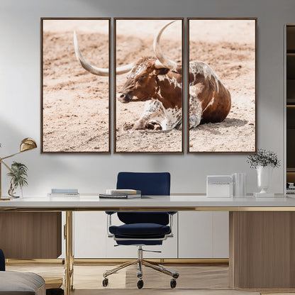 91248682-MGV-CV-36X24-Texas Longhorn Wall Art Canvas Print, Framed Resting Bull Art Picture Print, Spotted Cattle Perfect Rustic Western Decor Artwork
