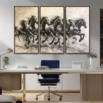 56089591-MGV-CV-36X24-Galloping Horses Wall Art Canvas Print, Framed Wild Stallions Art Picture Print, Horse Herd Sketch Perfect Monochrome Dynamic