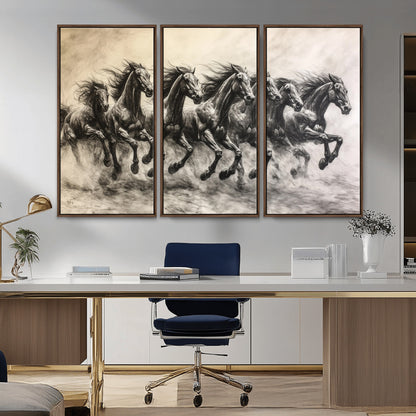 56089591-MGV-CV-36X24-Galloping Horses Wall Art Canvas Print, Framed Wild Stallions Art Picture Print, Horse Herd Sketch Perfect Monochrome Dynamic