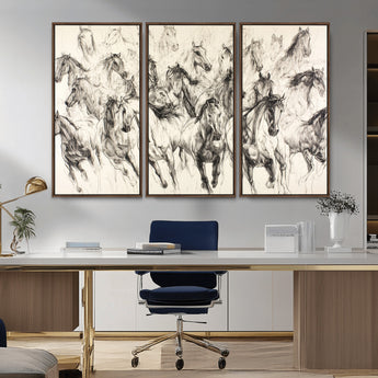 19433417-MGV-FC-48X32-3P_Walnut-Running Horses Wall Art Canvas Print, Framed Horse Sketch Art Picture Print, Galloping Herd Perfect Monochrome Western Decor