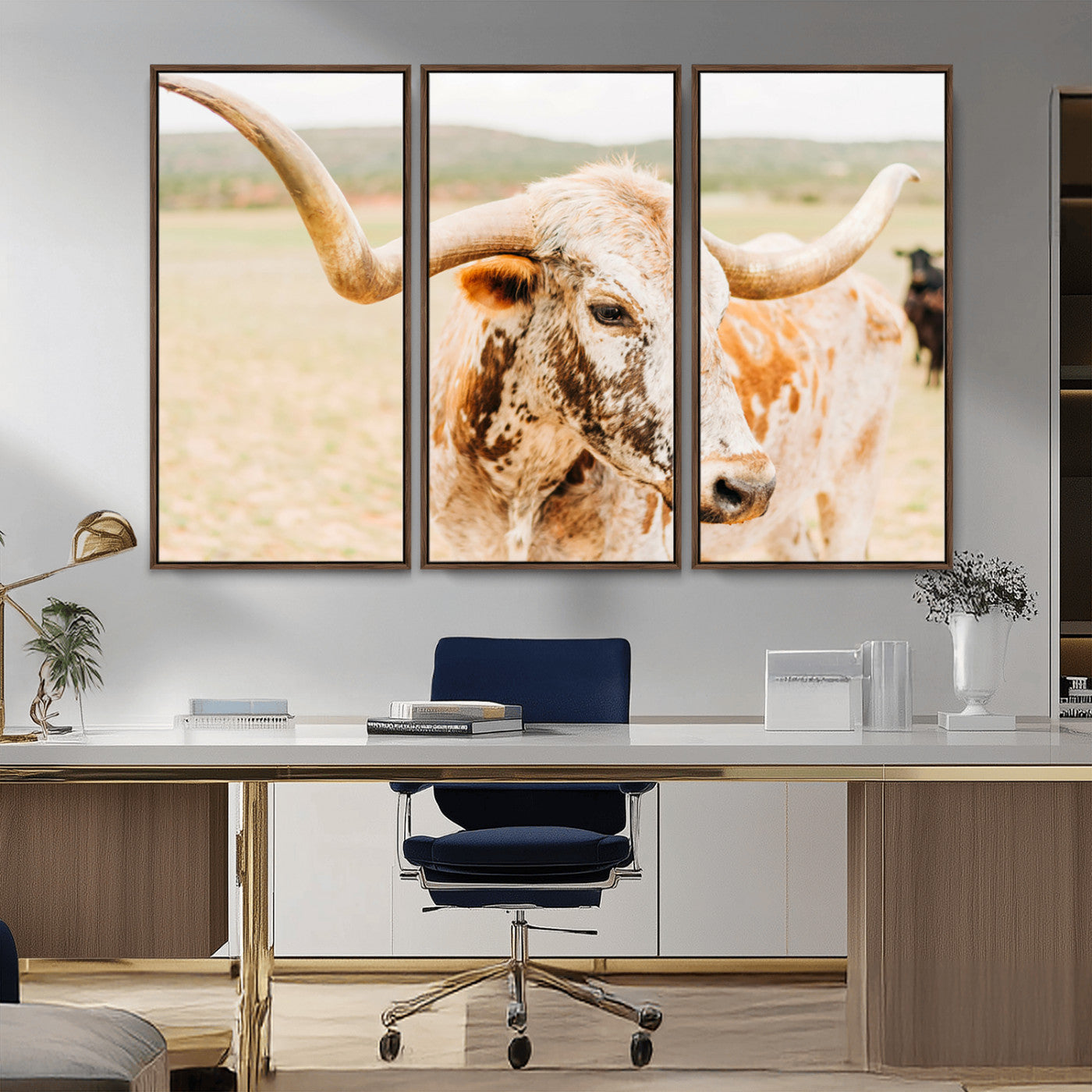 21060648-MGV-CV-36X24-Texas Longhorn Wall Art Canvas Print, Framed Speckled Cow Art Picture Print, Rustic Bull Perfect Rustic Western Decor Artwork
