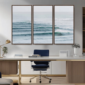 73969318-MGV-CV-36X24-Ocean Waves Wall Art Canvas Print, Framed Surfer Lineup Art Picture Print, Crowded Ocean Perfect Minimal Coastal Decor Artwork