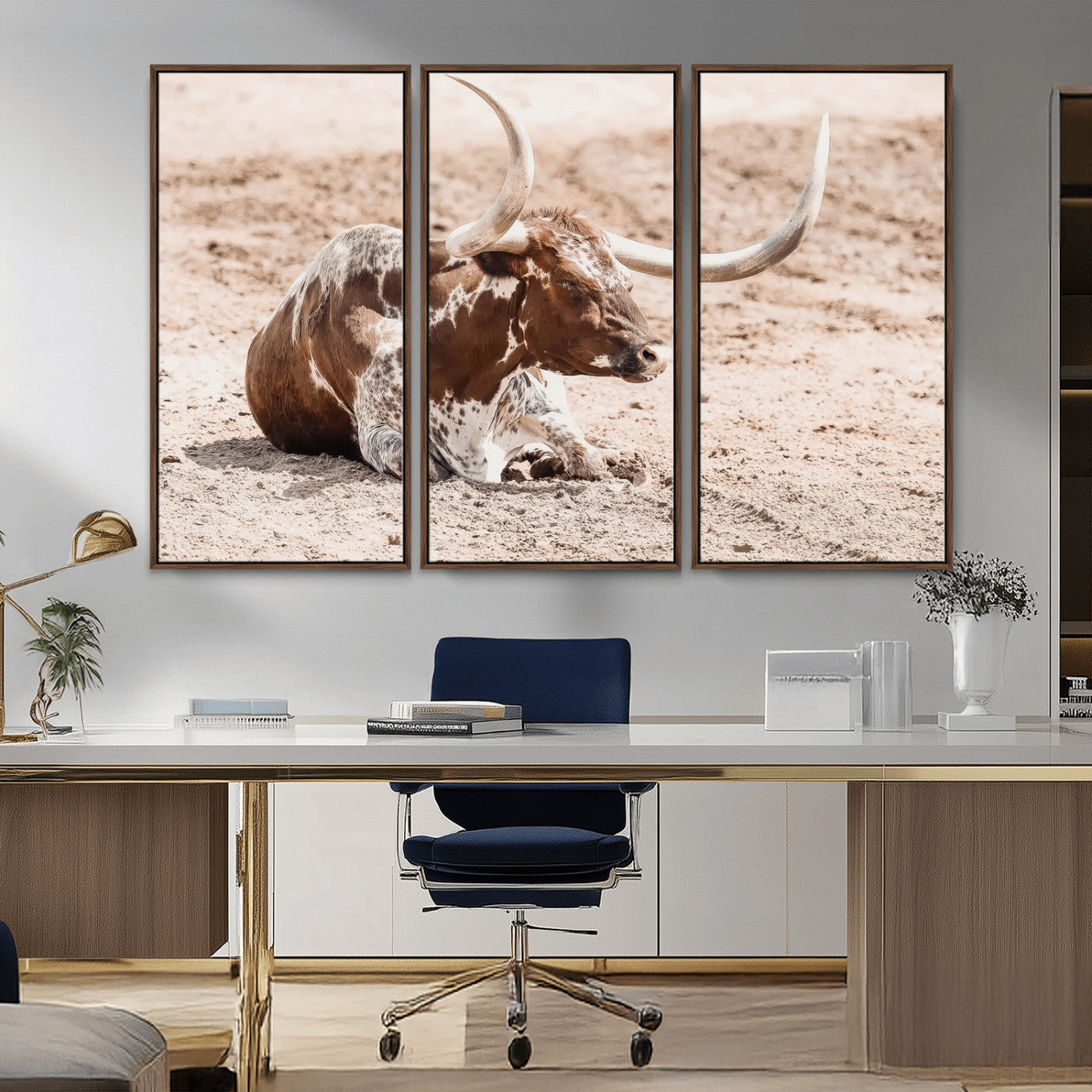 25407592-MGV-CV-36X24-Texas Longhorn Wall Art Canvas Print, Framed Resting Bull Art Picture Print, Spotted Cattle Perfect Rustic Western Decor Artwork