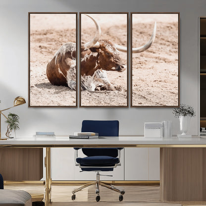 25407592-MGV-CV-36X24-Texas Longhorn Wall Art Canvas Print, Framed Resting Bull Art Picture Print, Spotted Cattle Perfect Rustic Western Decor Artwork