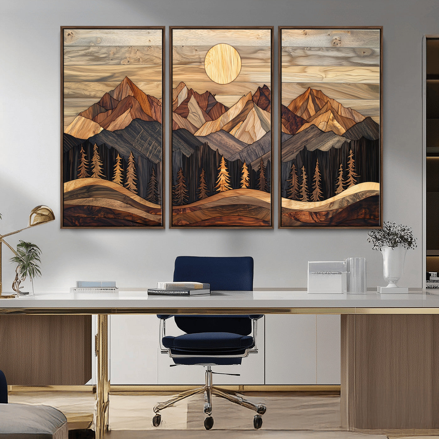 50100230-MGV-CV-36X24-Wooden Mountain Wall Art – Rustic Nature Landscape Canvas Print, Handmade Style Sun, Forest, and Peaks Artwork for Living Room,