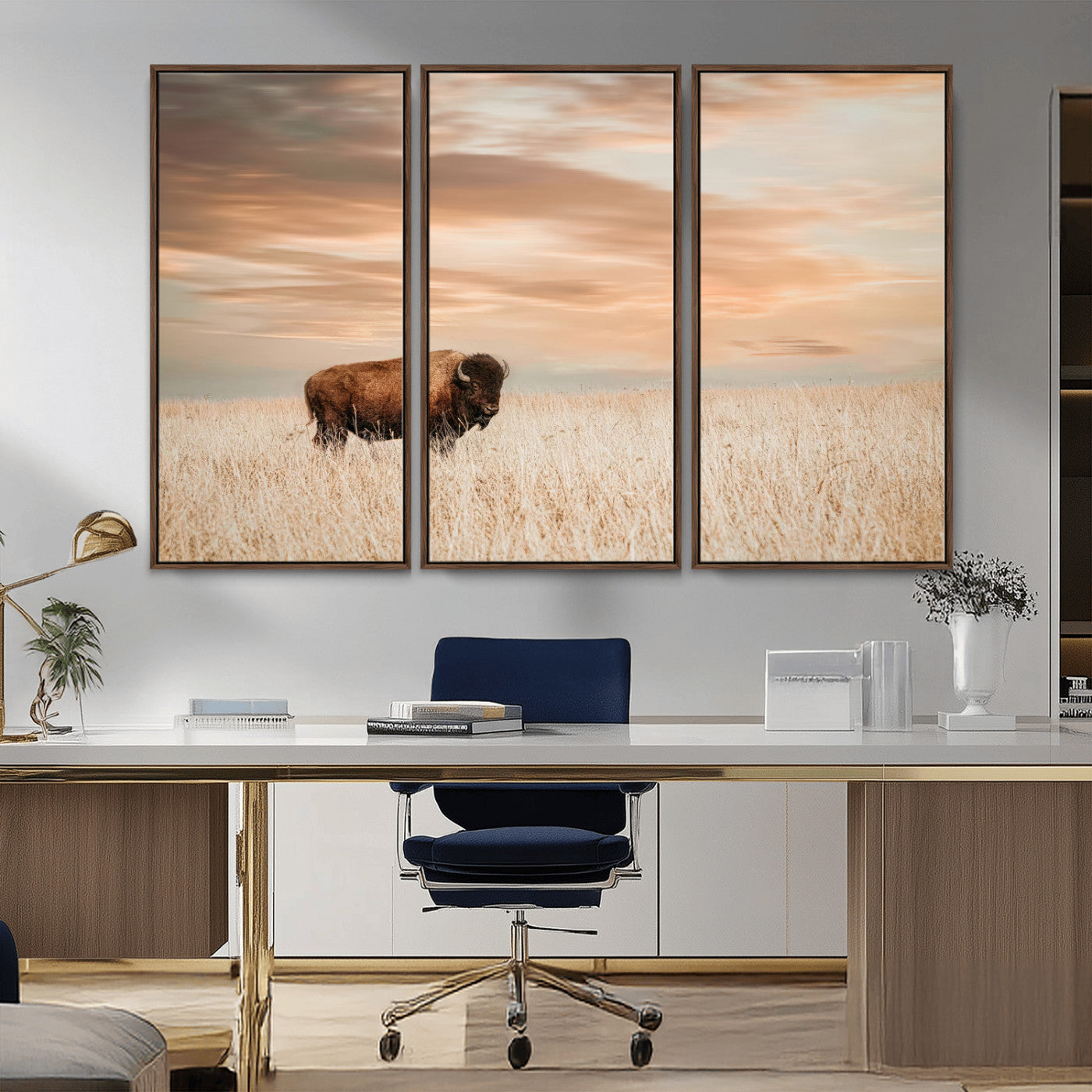 87282289-MGV-FC-48X32-3P_Walnut-Bison Wall Art Canvas Print, Framed Buffalo Art Picture Print, Western Prairie Perfect Rustic Decor Artwork