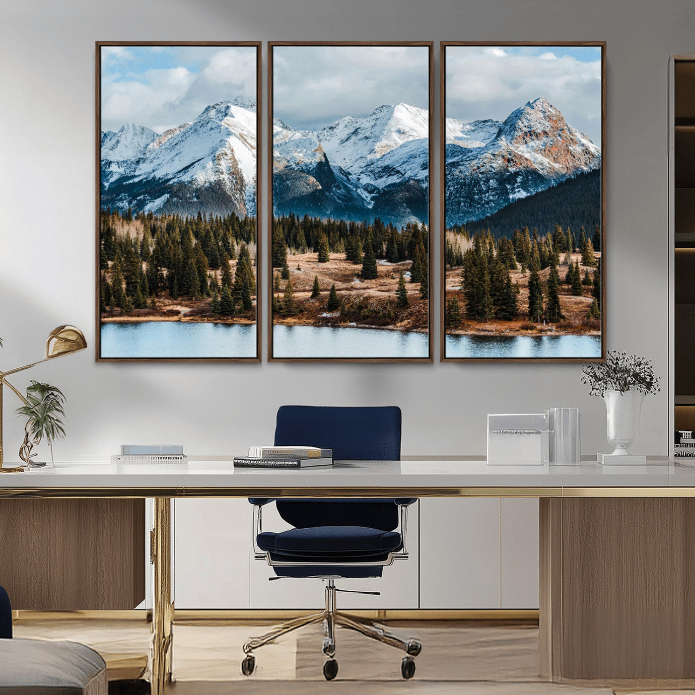 36247746-MGV-FC-48X32-3P_Walnut-Snowy Peaks Wall Art Canvas Print, Framed Alpine Lake Art Picture Print, Pine Forest Perfect Alpine Wilderness Decor Artwork