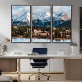 36247746-MGV-FC-48X32-3P_Walnut-Snowy Peaks Wall Art Canvas Print, Framed Alpine Lake Art Picture Print, Pine Forest Perfect Alpine Wilderness Decor Artwork