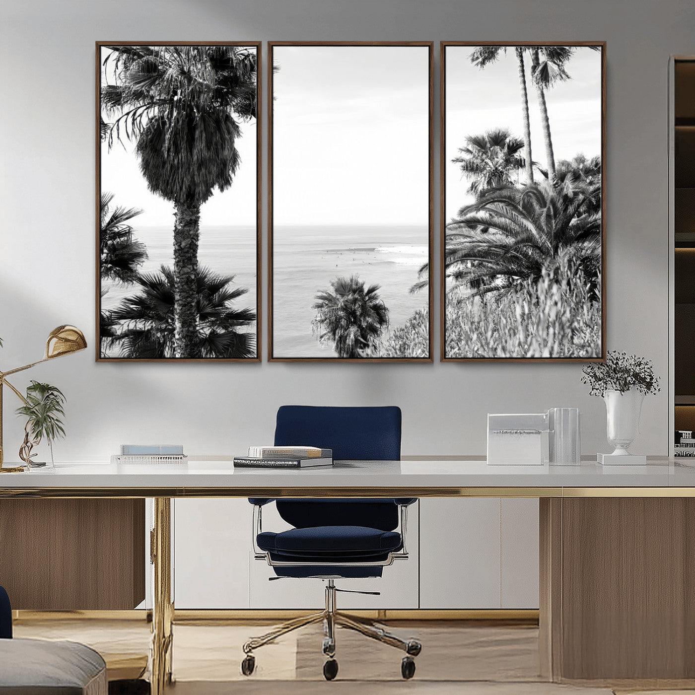 89458520-MGV-CV-36X24-Palm Trees Wall Art Canvas Print, Framed Coastal View Art Picture Print, Ocean Horizon Perfect Monochrome Coast Decor Artwork