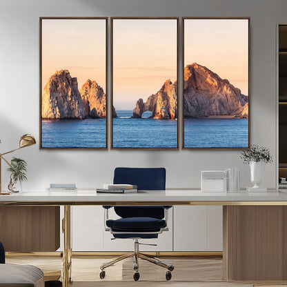 72996116-MGV-CV-36X24-El Arco Wall Art Canvas Print, Framed Cabo Rocks Art Picture Print, Ocean Arch Perfect Golden Coastal Landmark Decor Artwork