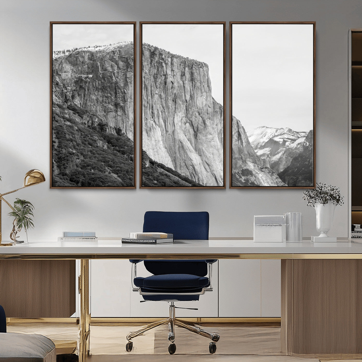 39393420-MGV-FC-48X32-3P_Walnut-El Capitan Wall Art Canvas Print, Framed Yosemite Cliff Art Picture Print, Monochrome Mountain Perfect Monochrome Sierra Decor