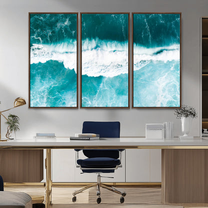 23828594-MGV-CV-36X24-Aerial Waves Wall Art Canvas Print, Framed Ocean Break Art Picture Print, Sea Foam Perfect Tropical Coastal Decor Artwork