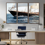 97168626-MGV-CV-36X24-Sailing Yacht Wall Art Canvas Print, Framed Wooden Yacht Art Picture Print, Ocean Waves Perfect Nautical Coastal Decor Artwork