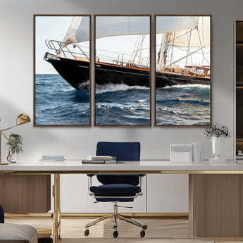 97168626-MGV-CV-36X24-Sailing Yacht Wall Art Canvas Print, Framed Wooden Yacht Art Picture Print, Ocean Waves Perfect Nautical Coastal Decor Artwork
