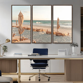 58507949-MGV-CV-36X24-Beach Umbrellas Wall Art Canvas Print, Framed Empty Loungers Art Picture Print, Soft Sand Perfect Minimalist Seaside Decor Artwork