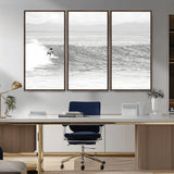 81535128-MGV-CV-36X24-Surfer Woman Wall Art Canvas Print, Framed Black Ocean Art Picture Print, Ocean Surfing Perfect Monochrome Coastal Decor Artwork