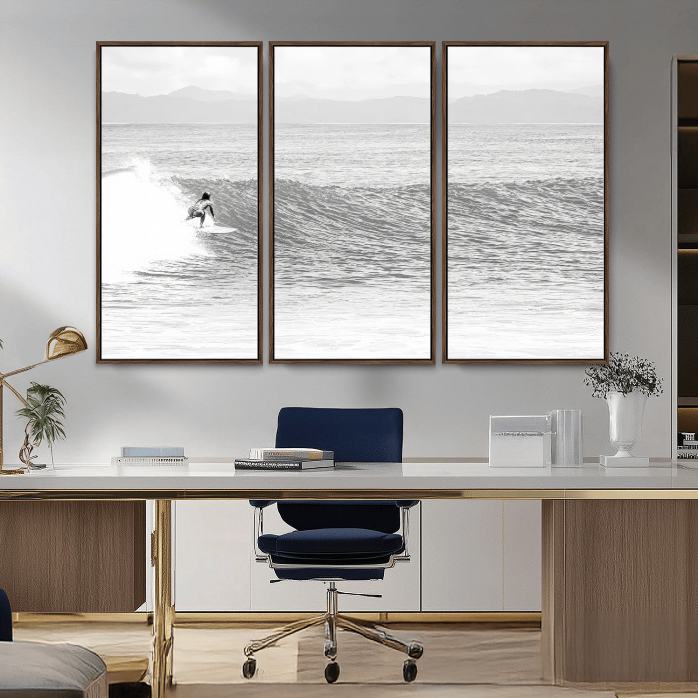 81535128-MGV-CV-36X24-Surfer Woman Wall Art Canvas Print, Framed Black Ocean Art Picture Print, Ocean Surfing Perfect Monochrome Coastal Decor Artwork