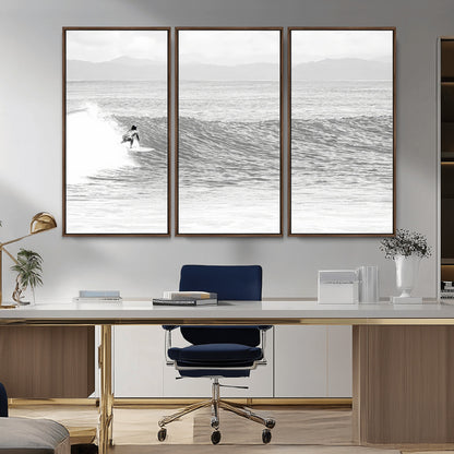 81535128-MGV-CV-36X24-Surfer Woman Wall Art Canvas Print, Framed Black Ocean Art Picture Print, Ocean Surfing Perfect Monochrome Coastal Decor Artwork