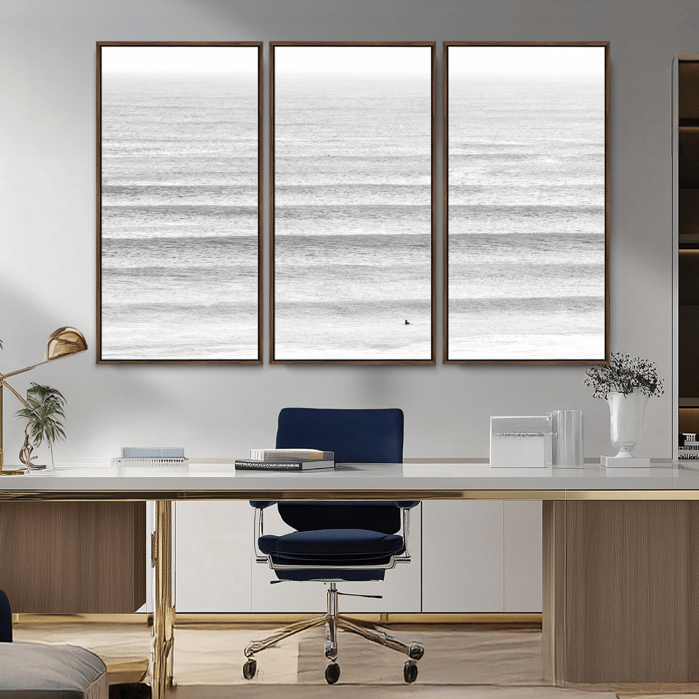 66534476-MGV-CV-36X24-Lone Surfer Wall Art Canvas Print, Framed Ocean Waves Art Picture Print, Minimal Sea Perfect Minimal Coastal Decor Artwork