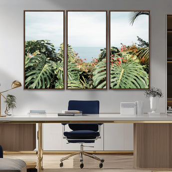 45700479-MGV-CV-36X24-Monstera Leaves Wall Art Canvas Print, Framed Tropical Ocean Art Picture Print, Tropical Foliage Perfect Tropical Coastal Jungle