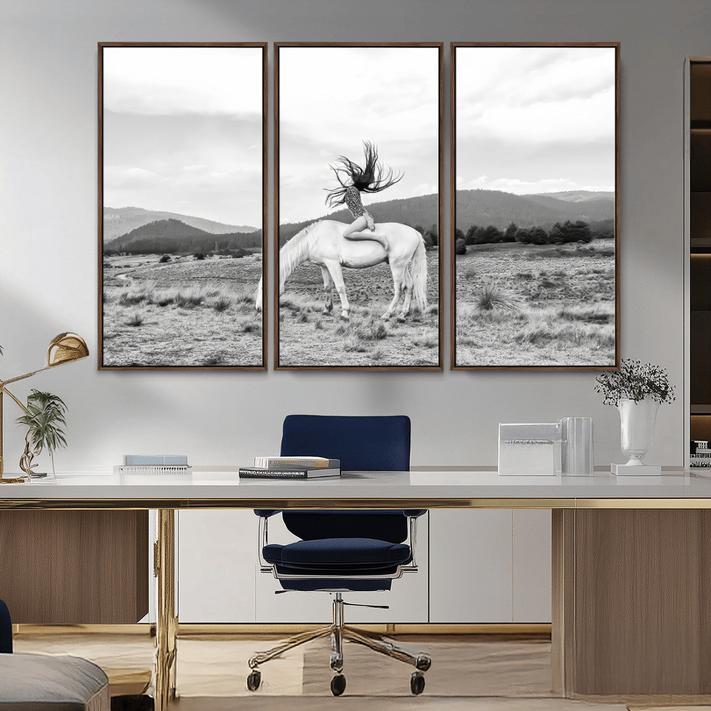 62789800-MGV-FC-48X32-3P_Walnut-White Horse Wall Art Canvas Print, Framed Woman Rider Art Picture Print, Equestrian Pose Perfect Western Boho Decor Artwork