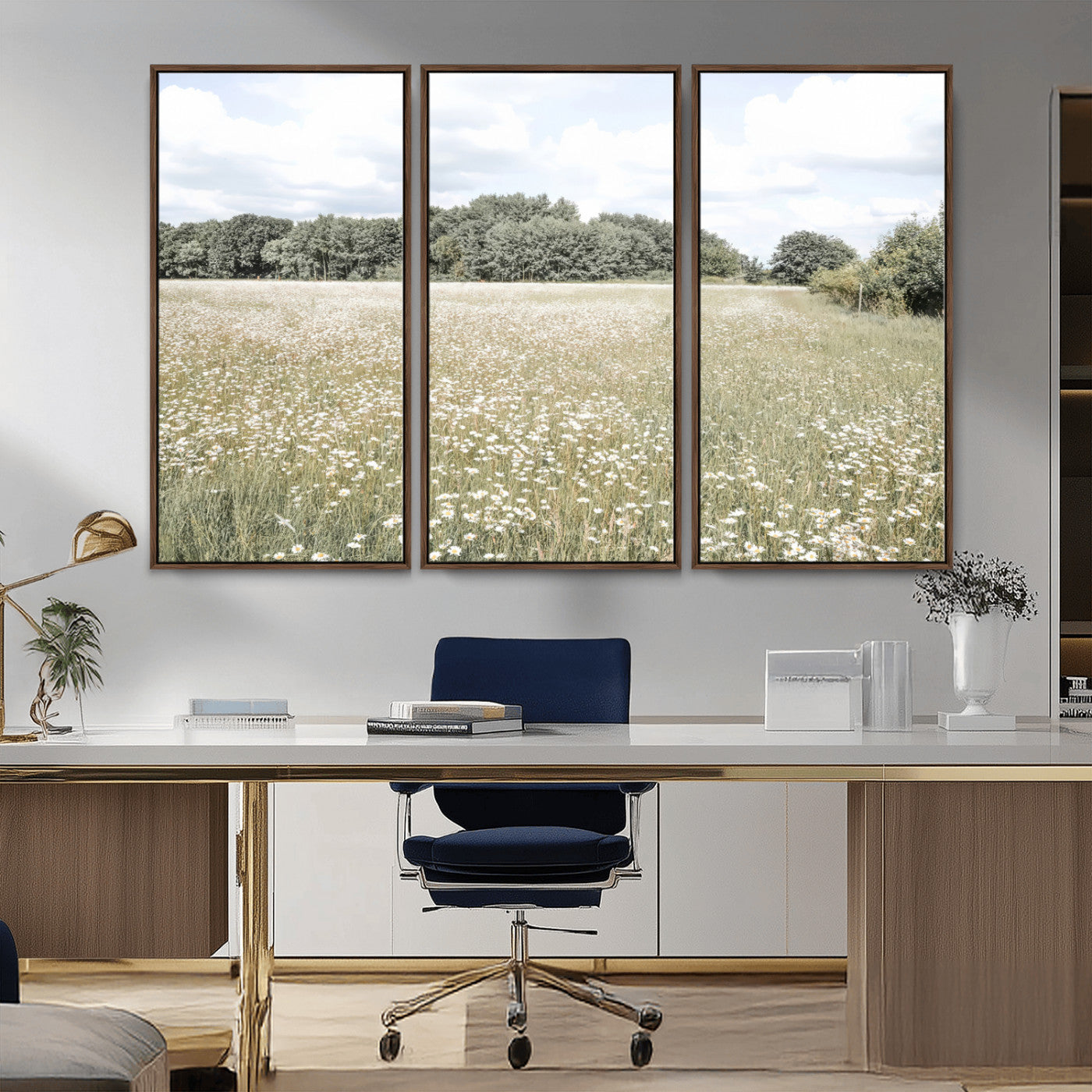 43258946-MGV-CV-36X24-Daisy Field Wall Art Canvas Print, Framed Pastel Flower Art Picture Print, Meadow Bloom Perfect Scandinavian Minimalist Decor