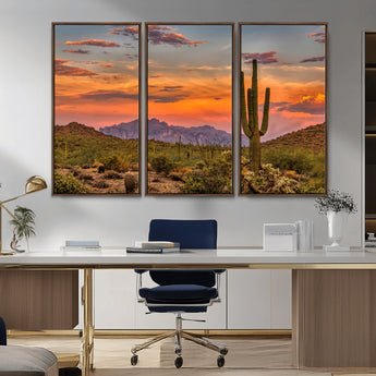 25332783-MGV-CV-36X24-Saguaro Cactus Wall Art Canvas Print, Framed Arizona Sunset Art Picture Print, Sonoran Desert Perfect Southwestern Boho Decor