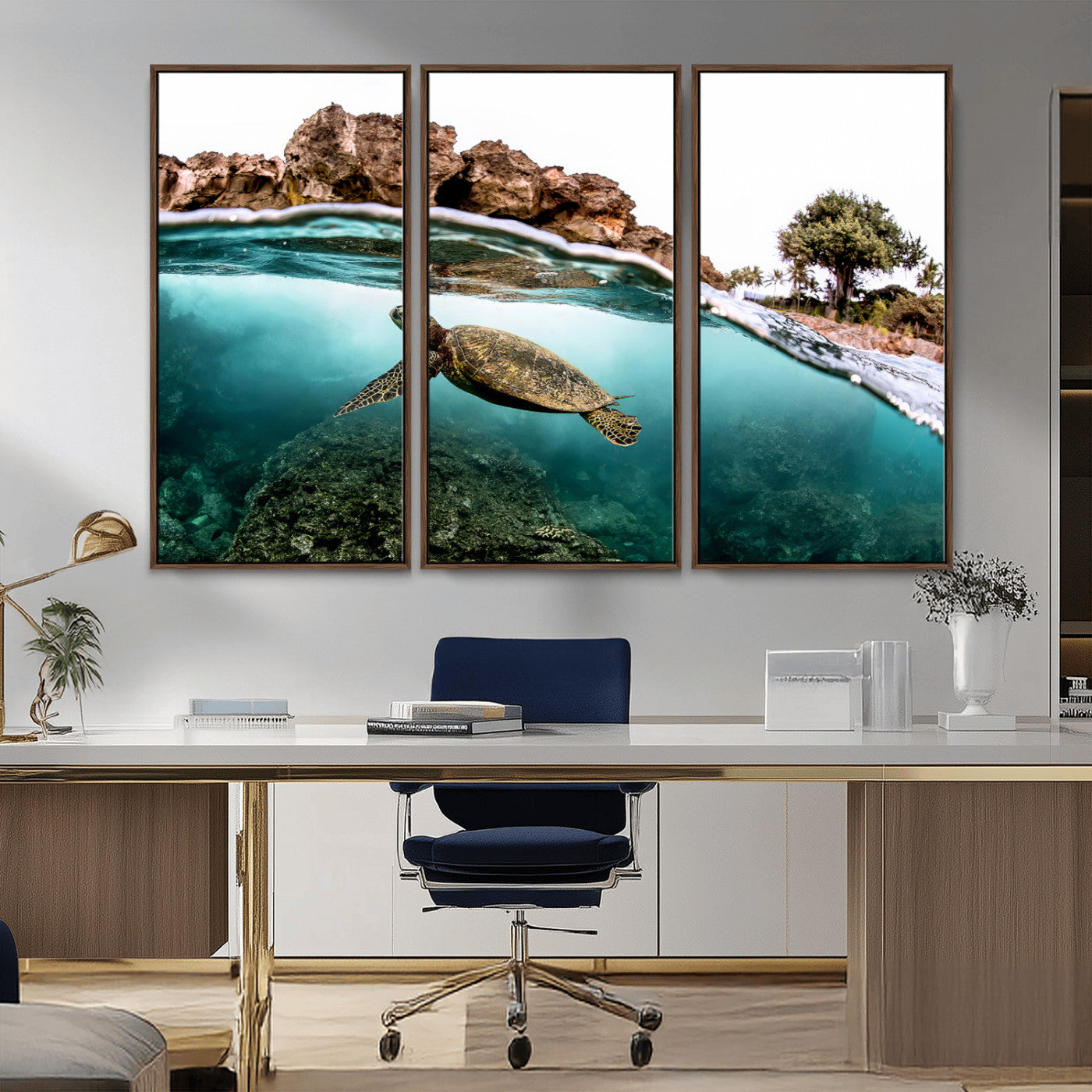 44200301-MGV-CV-36X24-Sea Turtle Swim Wall Art Canvas Print, Framed Ocean Life Art Picture Print, Tropical Shoreline Perfect Tropical Coastal Decor