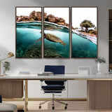 44200301-MGV-CV-36X24-Sea Turtle Swim Wall Art Canvas Print, Framed Ocean Life Art Picture Print, Tropical Shoreline Perfect Tropical Coastal Decor