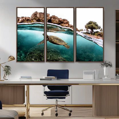 44200301-MGV-FC-48X32-3P_Walnut-Sea Turtle Swim Wall Art Canvas Print, Framed Ocean Life Art Picture Print, Tropical Shoreline Perfect Tropical Coastal Decor