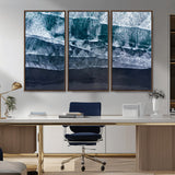 87941475-MGV-CV-36X24-Black Beach Wall Art Canvas Print, Framed Aerial Ocean Art Picture Print, Moody Coastal Perfect Modern Coastal Decor Artwork