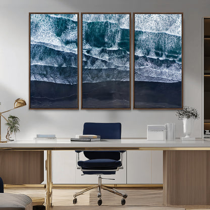 87941475-MGV-CV-36X24-Black Beach Wall Art Canvas Print, Framed Aerial Ocean Art Picture Print, Moody Coastal Perfect Modern Coastal Decor Artwork