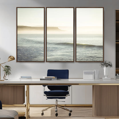 39310633-MGV-FC-48X32-3P_Walnut-Coastal Cliffs Wall Art Canvas Print, Framed Misty Ocean Art Picture Print, Morning Light Perfect Minimalistic Coastal Decor